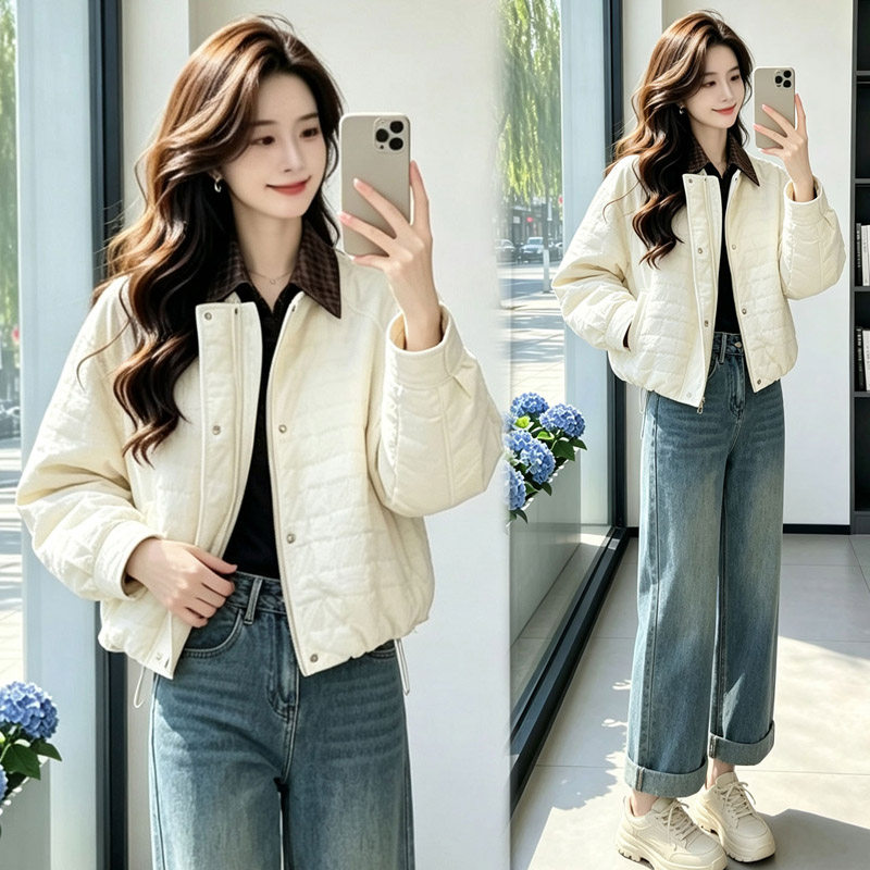 格子拼接假两件撞色拼接棉服女