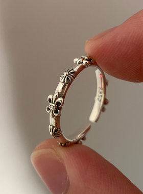 s925银克克鸢尾开口戒指女轻奢小众设计精致高级冷淡风复古做旧