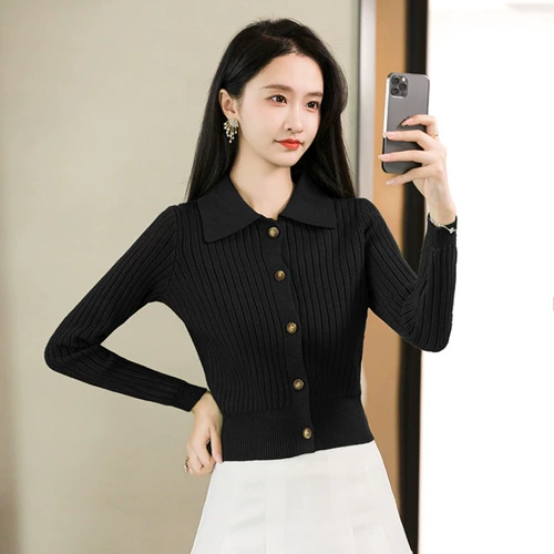 Короткий трикотажный демисезонный кардиган, модный лонгслив, куртка, в корейском стиле, воротник поло, увеличенная толщина, городской стиль