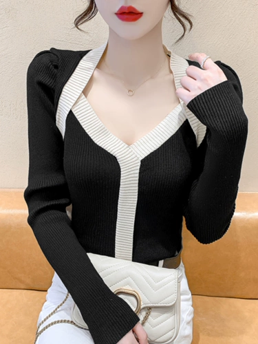 Трикотажный приятный телу осенний цветной сексуальный брендовый свитер, рукава фонарики, в обтяжку