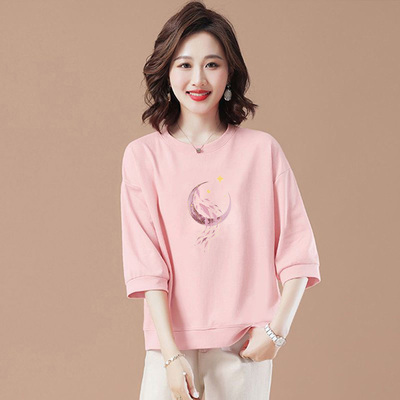 早春新款中袖上衣女2025秋季女装七分袖时尚宽松显瘦t恤女打底衫