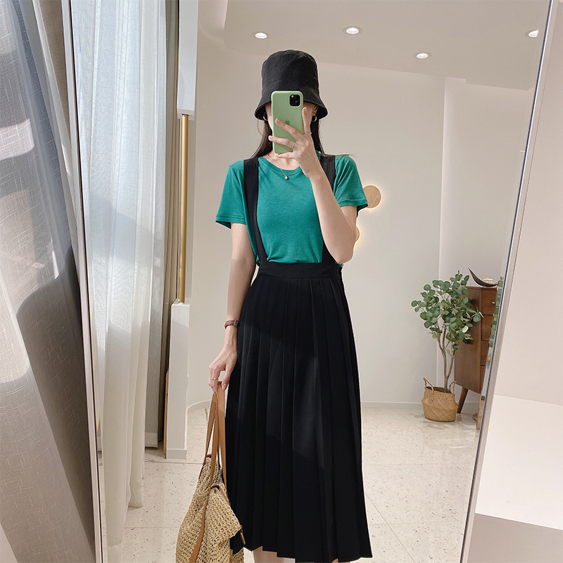 3IMFLY/金小金自制女装 纯色短袖T恤+背带百褶半身裙A字裙夏季套装
