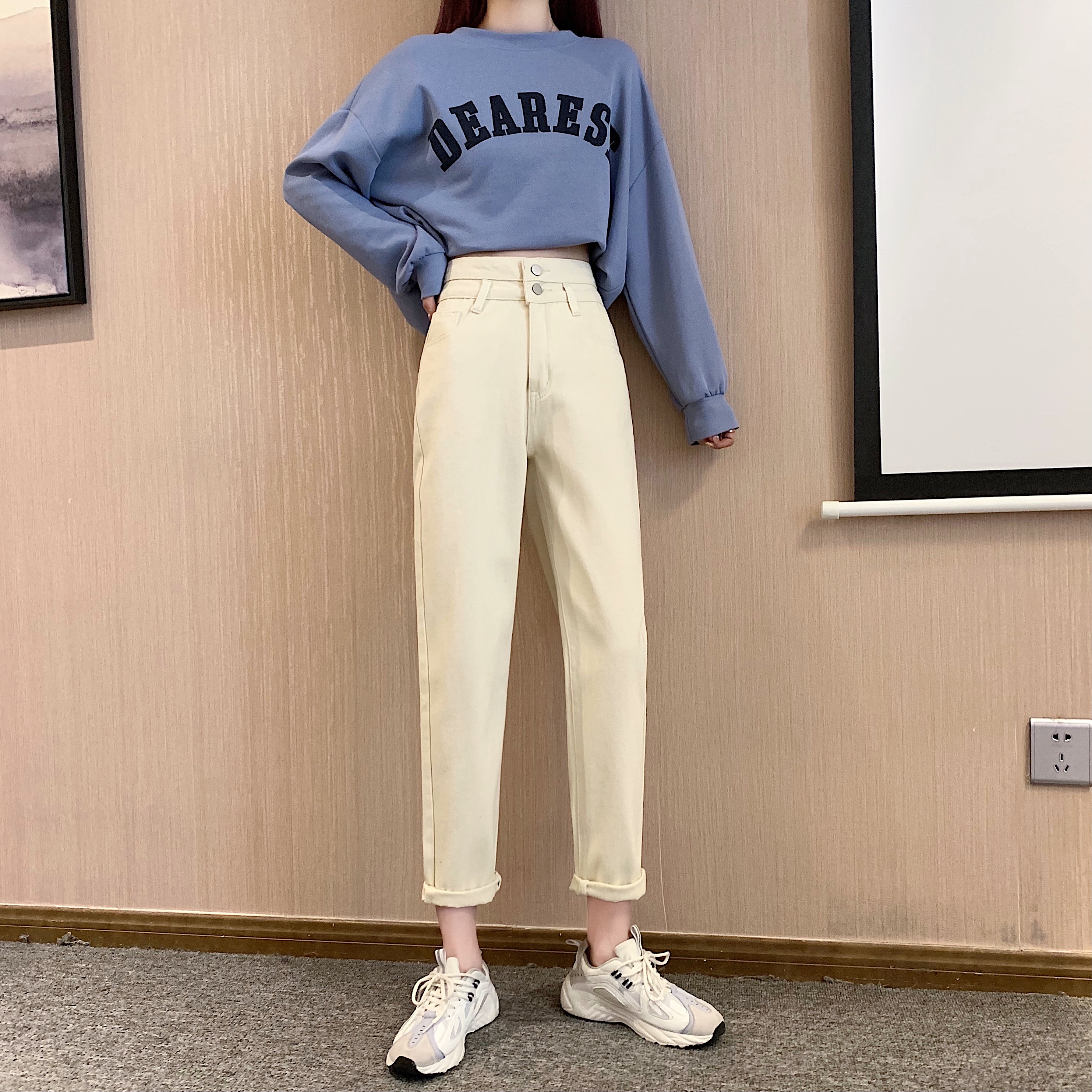 Real photo of new high waist loose fit straight jeans for women in spring of 2021