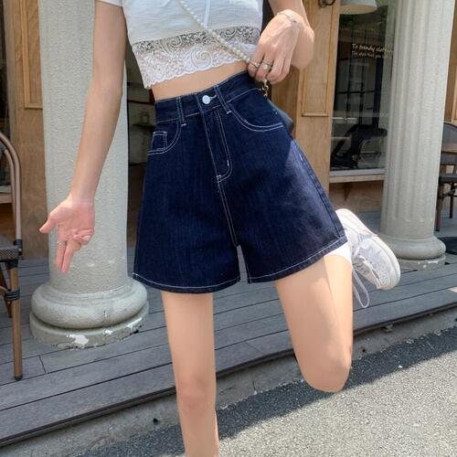 Real shot 2021 summer dark blue high waist thin versatile denim shorts middle pants wide leg pants