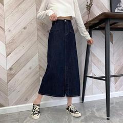 Real shot 2021 spring new high waist slim mid length split denim skirt