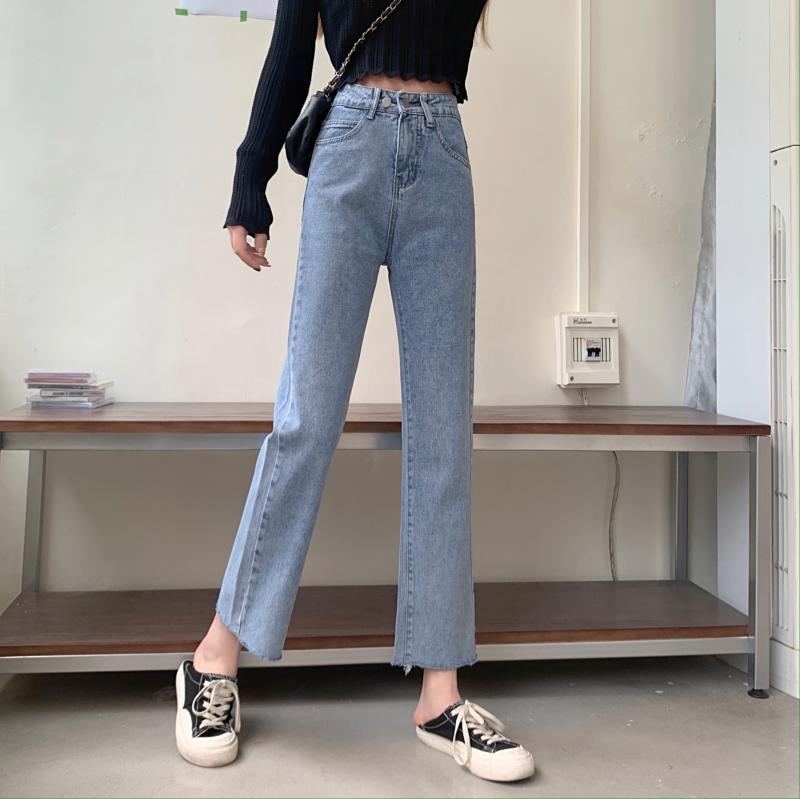 Real shot 2021 spring new Korean high waist straight tube loose edge wide leg jeans for women