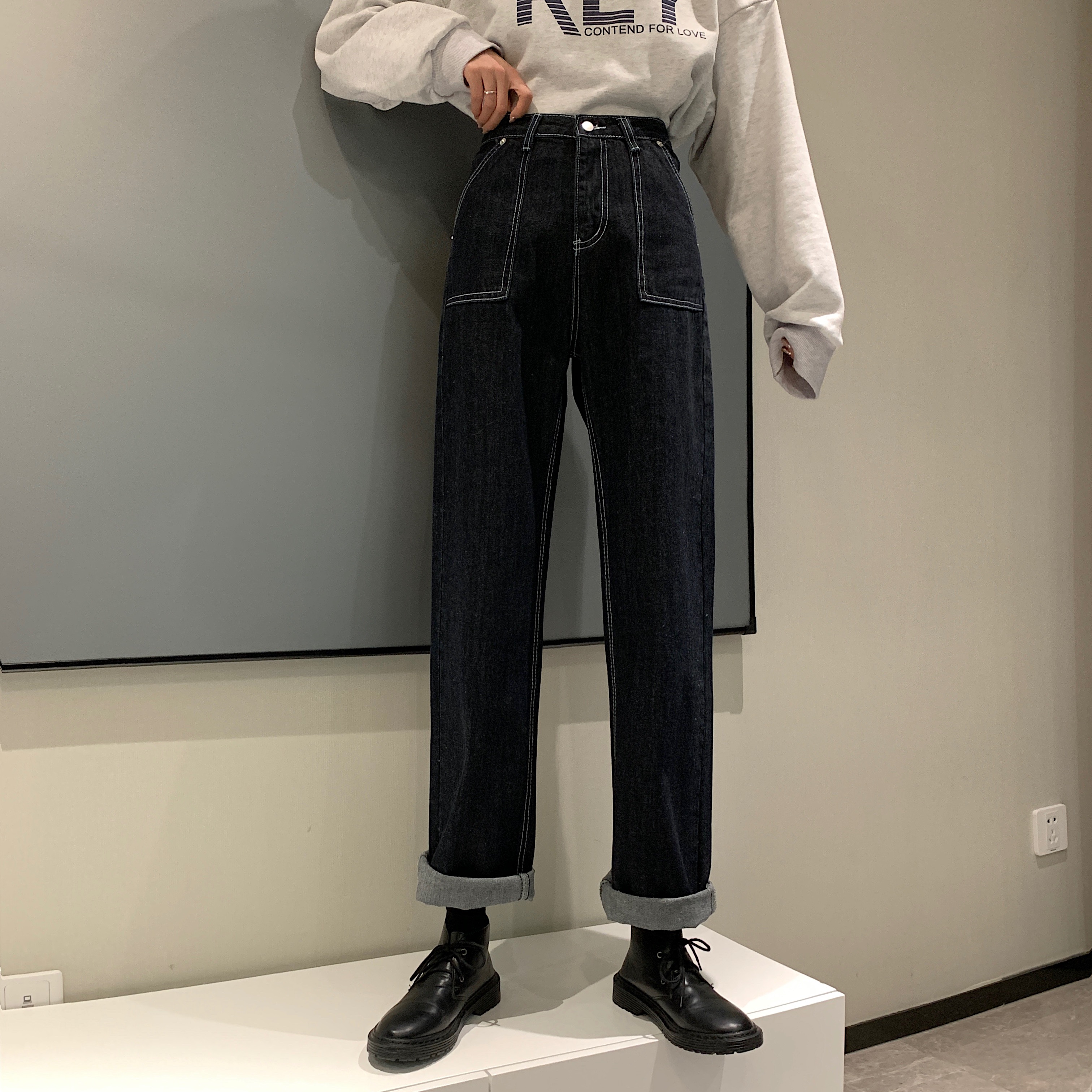 Real shot 2020 autumn new high waist straight pants Korean version loose and versatile wide leg pants jeans pants