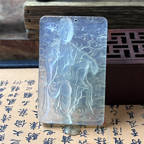 岫玉自在观音吊坠保真双面雕刻