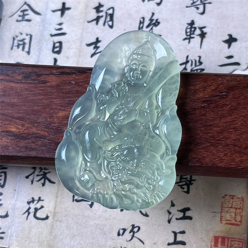 天然岫玉文殊菩萨吊坠保真双面