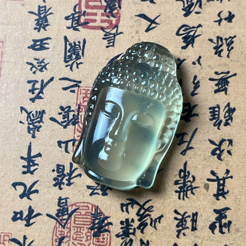 岫玉佛头吊坠保真荧光果绿小尺寸