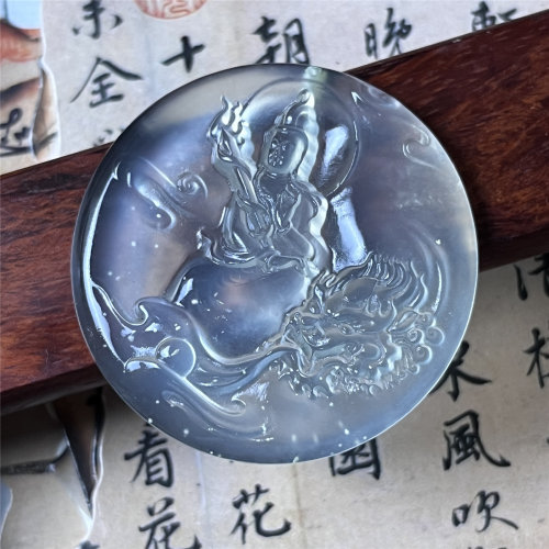 岫玉文殊菩萨吊坠保真高冰通透