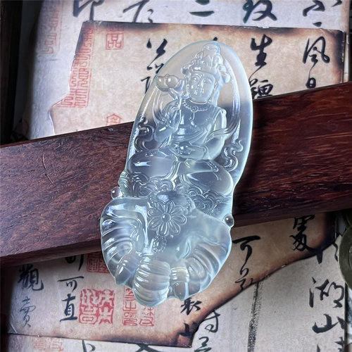 天然岫玉普贤菩萨吊坠保真精雕