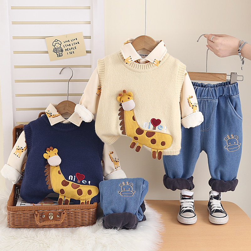 男童秋冬款2026新款儿童加绒卡通毛衣马甲套装宝宝洋气加厚三件套