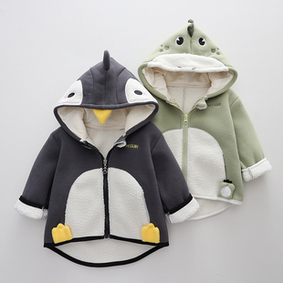 儿童秋冬装摇粒绒外套洋气婴儿宝宝卡通冬季加绒上衣男童连帽衫潮