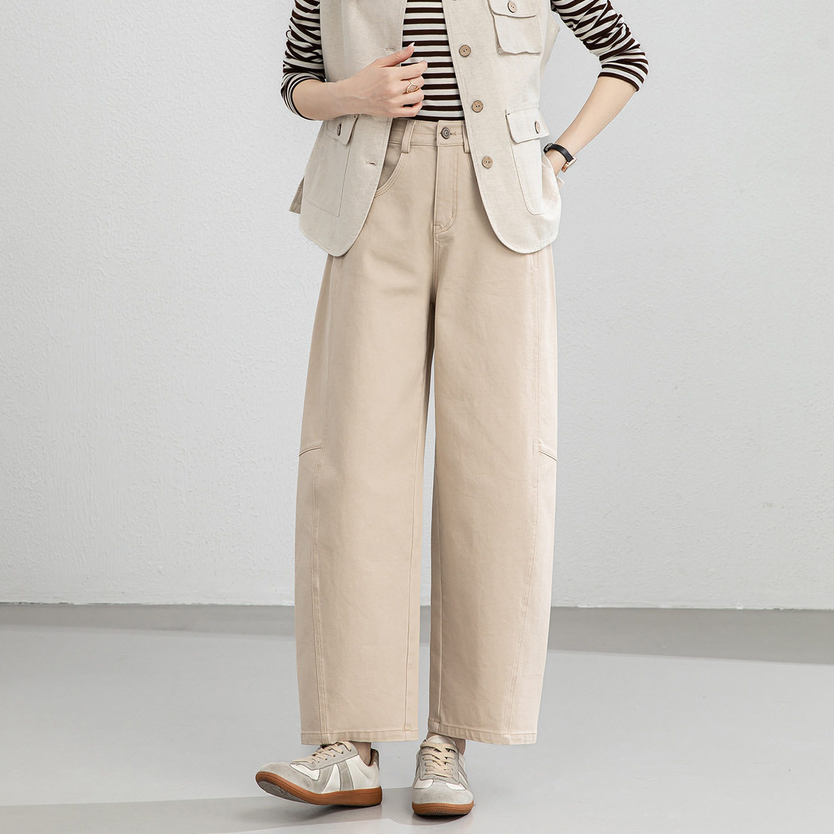 忆霏弯刀裤女士春款镰刀香蕉裤小个子休闲欧版九分窄版高腰阔腿裤