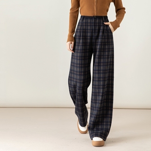 高腰垂感显瘦小个子休闲直筒裤 忆霏毛呢格子阔腿裤 女秋冬2025新款