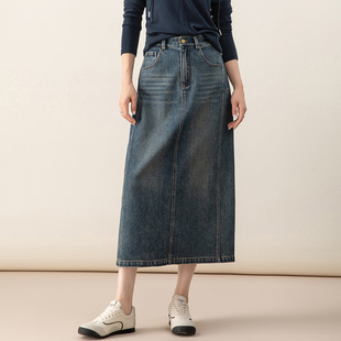 牛仔半裙 天丝棉垂顺显瘦中长款 忆霏复古蓝开叉直筒半身裙秋季 新款