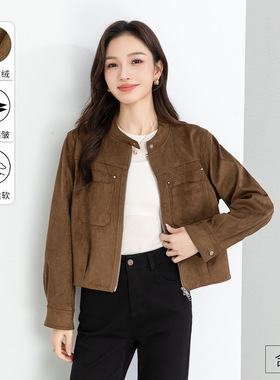 忆霏短款外套女2026春新款洋气流行小个子夹克上衣仿牛皮绒机车服