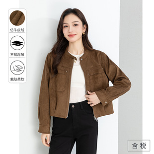 忆霏短款 洋气流行小个子夹克上衣仿牛皮绒机车服 外套女2026春新款