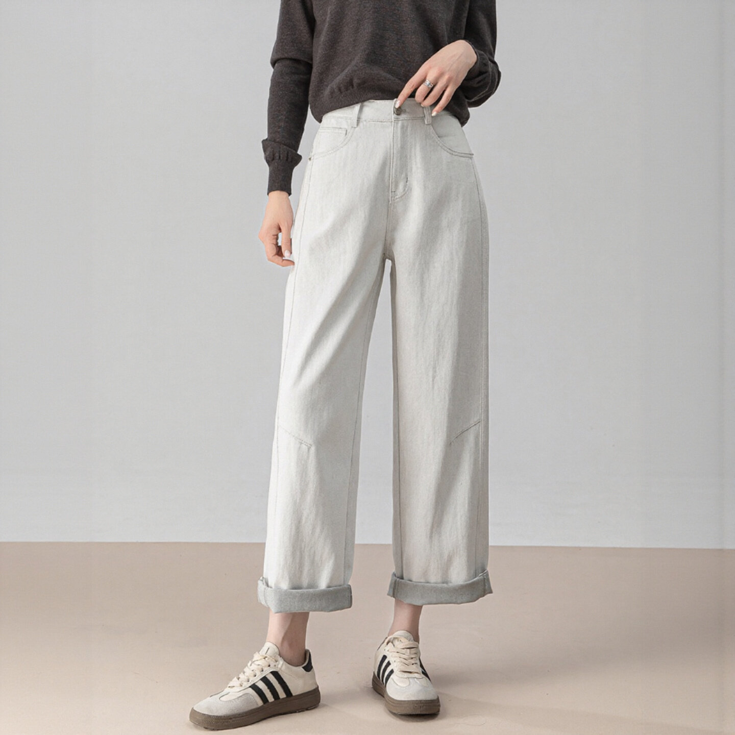 忆霏丹宁蓝翻边大码休闲直筒裤女2026春秋季新款小个子九分牛仔裤