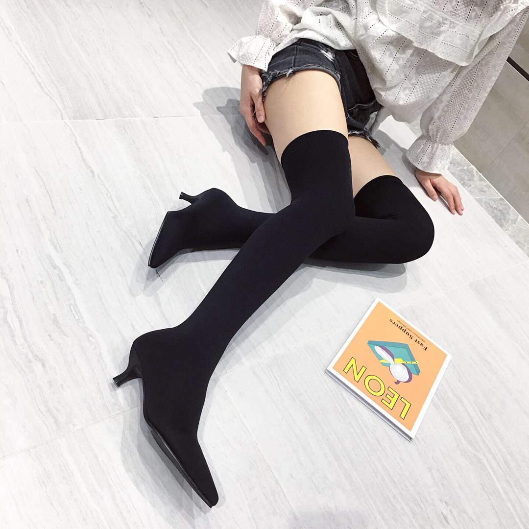 秋冬新款尖头细跟高跟鞋弹力丝袜靴女过膝长靴长筒丝袜子靴