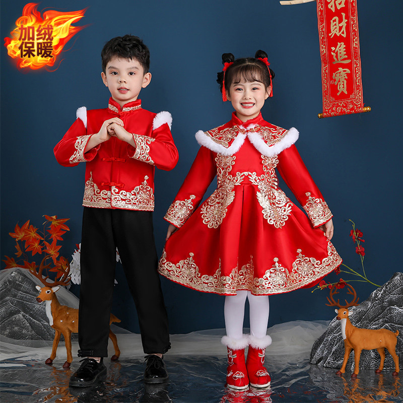 男女童冬装拜年服儿童过年喜庆唐装中国风合唱演出服加绒汉服红色