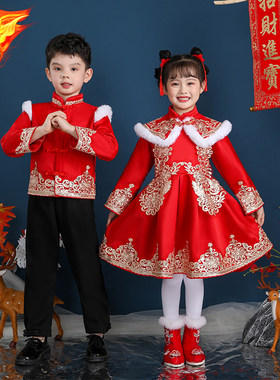 男女童冬装拜年服儿童过年喜庆唐装中国风合唱演出服加绒汉服红色