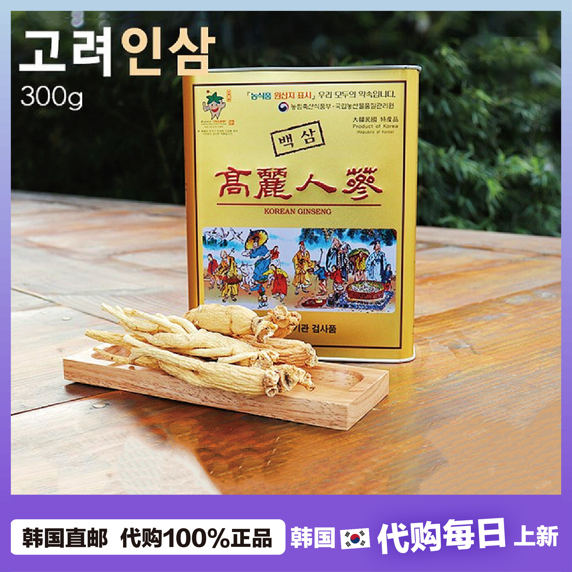 【韩国直邮】高丽白参 金色礼盒头 300g 一等天山参 整根白参