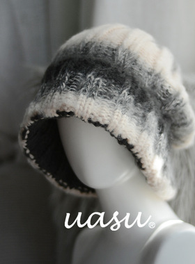 法式时装毛线帽秋冬女士带沿贝雷帽针织宽松大头围堆堆帽素颜帽潮