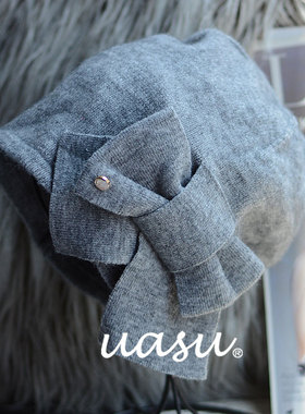 与众不同毛线帽法式优雅蝴蝶结针织帽女士秋冬新款纯色包头月子帽