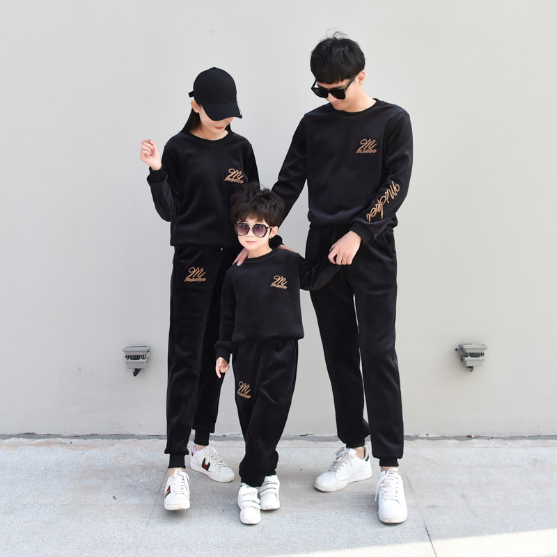 亲子装加厚双面绒女运动套装休闲男卫衣情侣两件套加绒金丝绒大码