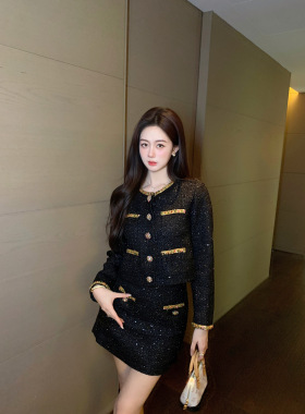 Lydiaxu定制小香风套装女长袖短款外套高腰半身裙套装LX195