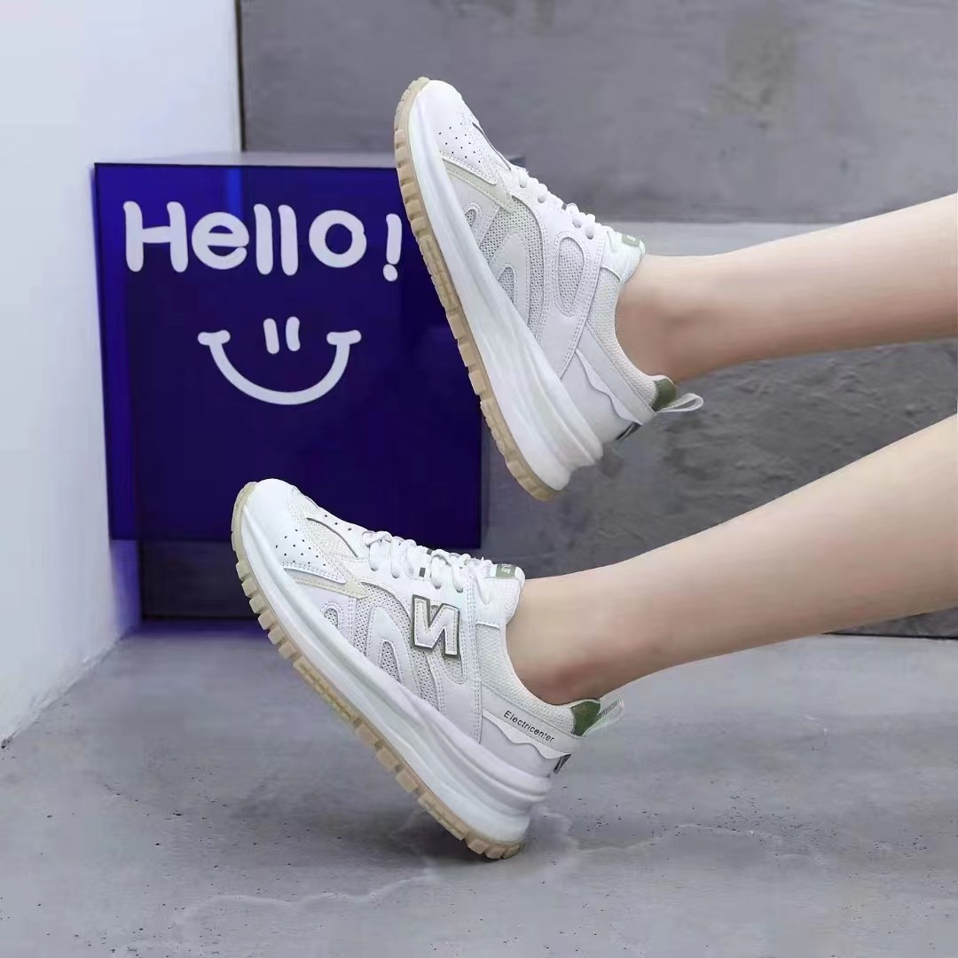 2025女式平底休闲鞋真皮网布老爹鞋厚底舒适透气单网运动鞋春夏款