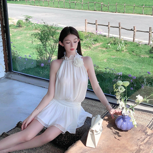 FairyJiang夏季 收腰仙女裙含胸花 气质立领白色挂脖连衣裙短款 新款