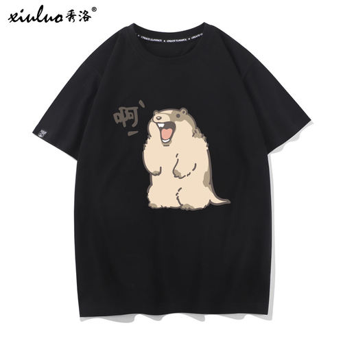 秀洛啊！！！国潮网红土拨鼠尖叫短袖T恤男卡通可爱夏季半袖衣服