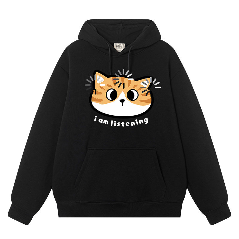 秀洛你说我在听呆萌猫元气简约趣味连帽溜肩卫衣长袖春秋冬