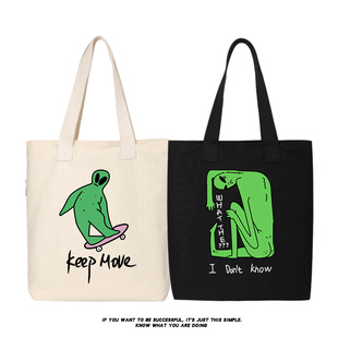 绿色皮肤外星人图案帆布包单肩包帆布袋学生大容量手提日系购物袋