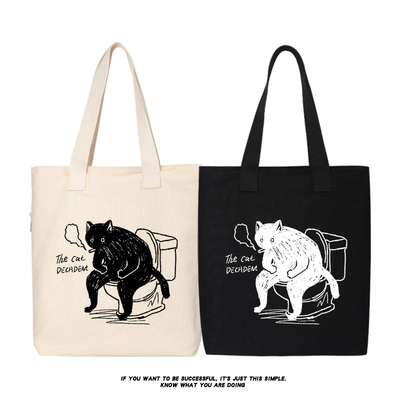 秀洛颓废猫抽烟猫帆布包单肩包手提包托特包购物袋手拎包袋通勤包
