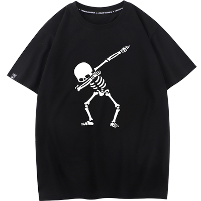 秀洛纯棉高街复古骷髅头嘻哈说唱歌手印花短袖T恤男女街头半袖ins