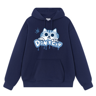 秀洛Don’t cry安慰蓝白猫别哭了秋冬加绒连帽卫衣宽松趣味外衣服