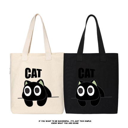 秀洛CAT黑猫单肩包斜跨手提购物袋托特包女大容量帆布背包斜挎包