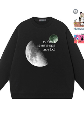 秀洛联名村上春树Murakami Radio手绘跳舞小猫月球圆领纯棉卫衣服