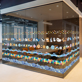 卡通腰线防撞玻璃贴纸幼儿园培训机构小心玻璃橱窗装 饰静电窗花贴