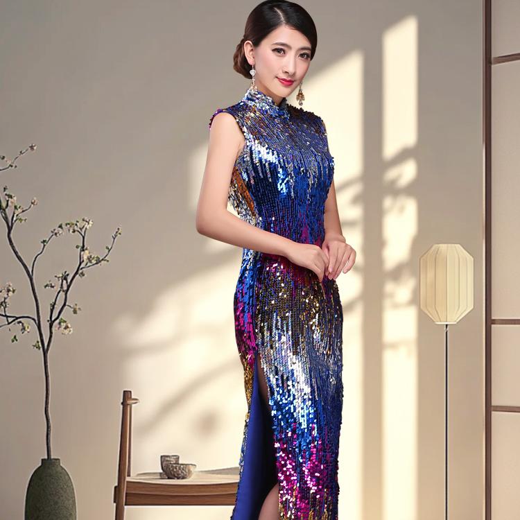 中式亮片舞台演出女走秀长款旗袍