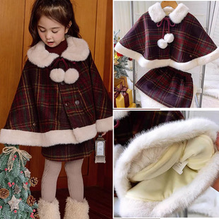 圣诞新年毛球夹棉呢料斗篷外套短裙两件套 韩版 女童套装 26秋冬新款