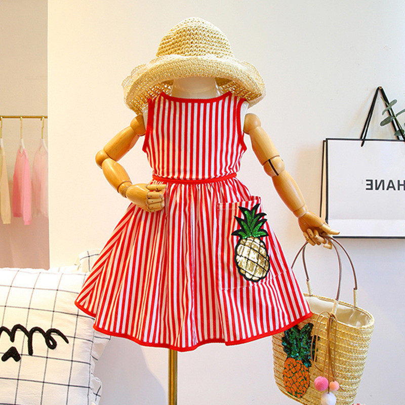 儿童装2026夏季新品女童宝宝红条纹亮片菠萝收腰露背背心连衣裙子