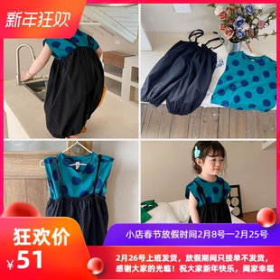 女童套装夏季2026新款网红洋气时髦儿童波点背心宝宝背带裤两件套