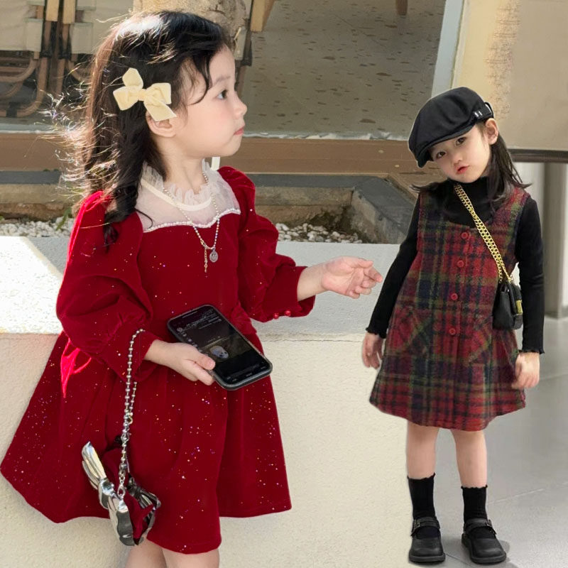 26女童秋冬新款英伦格子毛呢背心裙宝宝立领打底衫韩版甜美公主裙