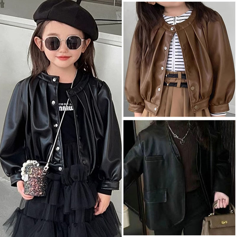 女童外套春秋2026新款洋气夹克圆领软皮PU皮衣儿童炸街个性上衣潮