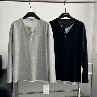 春季美式复古高级假两件韩系V领长袖打底衫男痞帅潮牌炸街上衣T恤